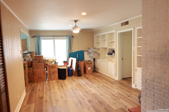 215 Five Oaks, San Antonio, TX 78209 - office area with crown molding, wood finished floors, and a ceiling fan