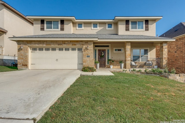 24435 Canyon Row, San Antonio, TX 78260 - view of front of house with stucco siding, stone siding, a garage, a porch, and a front yard