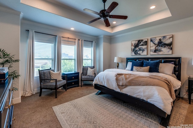 24435 Canyon Row, San Antonio, TX 78260 - carpeted bedroom featuring crown molding, recessed lighting, a raised ceiling, and ceiling fan