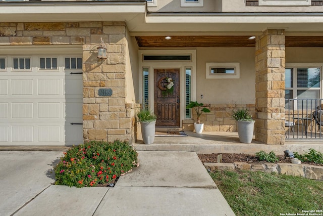 24435 Canyon Row, San Antonio, TX 78260 - entrance to property featuring stone siding, a porch, and stucco siding