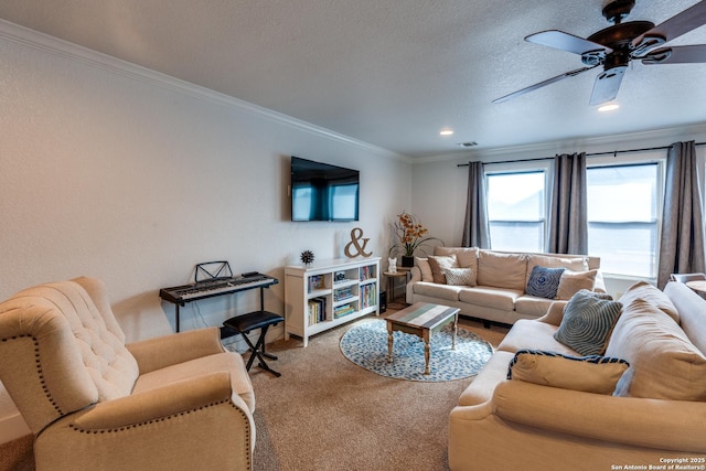 24435 Canyon Row, San Antonio, TX 78260 - living room with carpet flooring, ornamental molding, and ceiling fan
