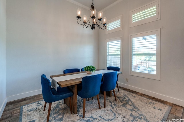 24435 Canyon Row, San Antonio, TX 78260 - dining room with ornamental molding, baseboards, a chandelier, and wood finished floors