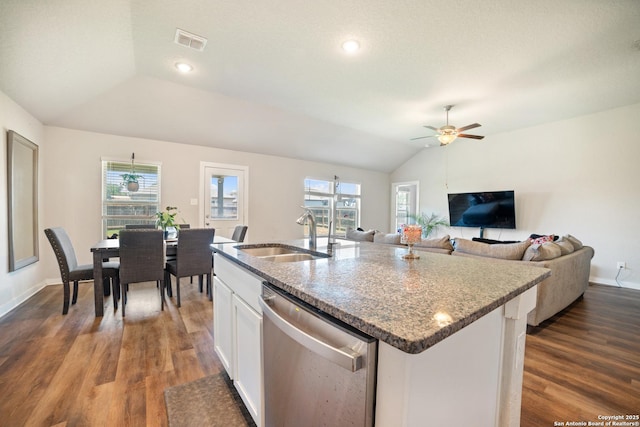 6907 Emerald Vly, San Antonio, TX 78242 - kitchen featuring stainless steel dishwasher, a sink, lofted ceiling, dark wood-type flooring, and a ceiling fan