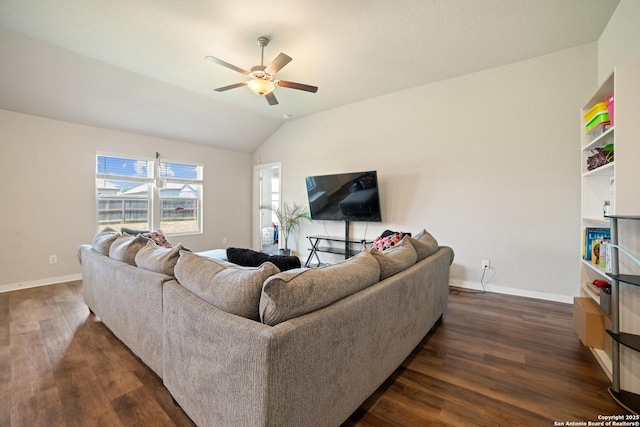 6907 Emerald Vly, San Antonio, TX 78242 - living area featuring dark wood-type flooring, a ceiling fan, baseboards, and lofted ceiling