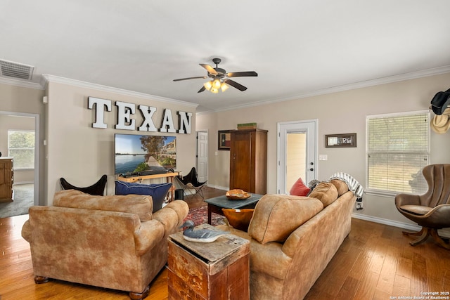 1355 Lasso, Canyon Lake, TX 78133 - living area with a ceiling fan, hardwood / wood-style floors, ornamental molding, and baseboards
