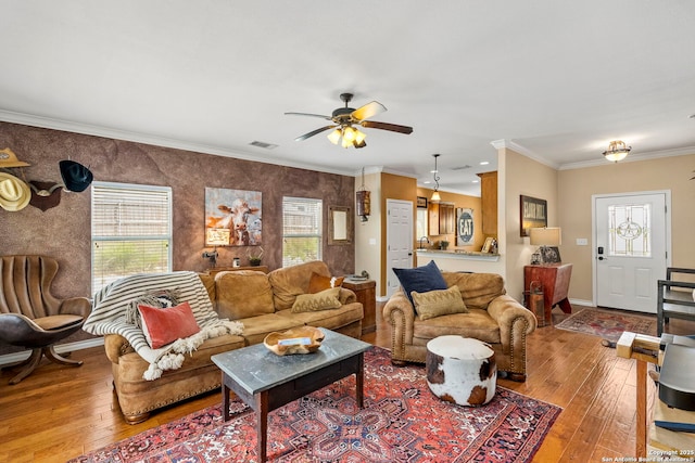 1355 Lasso, Canyon Lake, TX 78133 - living room with hardwood / wood-style floors, ceiling fan, baseboards, crown molding, and wallpapered walls