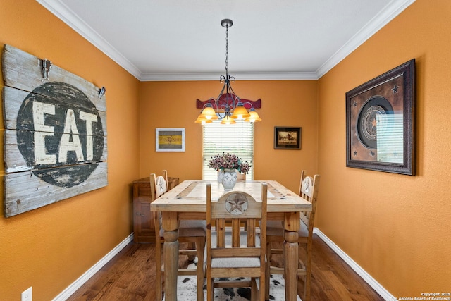 1355 Lasso, Canyon Lake, TX 78133 - dining space with a chandelier, dark wood-style floors, baseboards, and ornamental molding