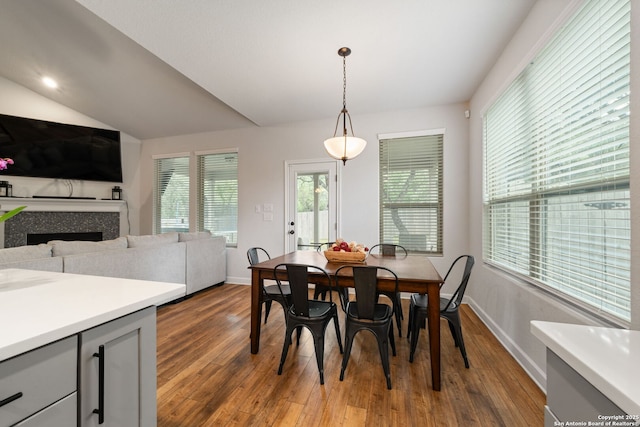 375 Sonata Cyn, Spring Branch, TX 78070 - dining space featuring wood finished floors, vaulted ceiling, baseboards, and a fireplace