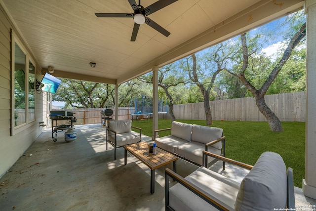 375 Sonata Cyn, Spring Branch, TX 78070 - view of patio / terrace with a trampoline, outdoor lounge area, ceiling fan, and a grill