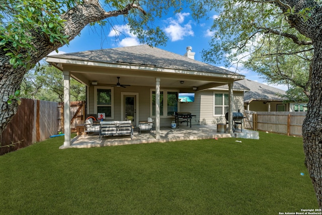 375 Sonata Cyn, Spring Branch, TX 78070 - back of property with ceiling fan, a shingled roof, a chimney, and a patio area