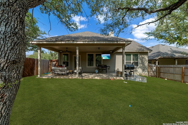 375 Sonata Cyn, Spring Branch, TX 78070 - back of house featuring ceiling fan, a patio area, and roof with shingles