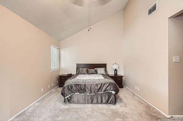 8517 Echo Crk, San Antonio, TX 78240 - bedroom featuring carpet, a textured ceiling, high vaulted ceiling, and a ceiling fan