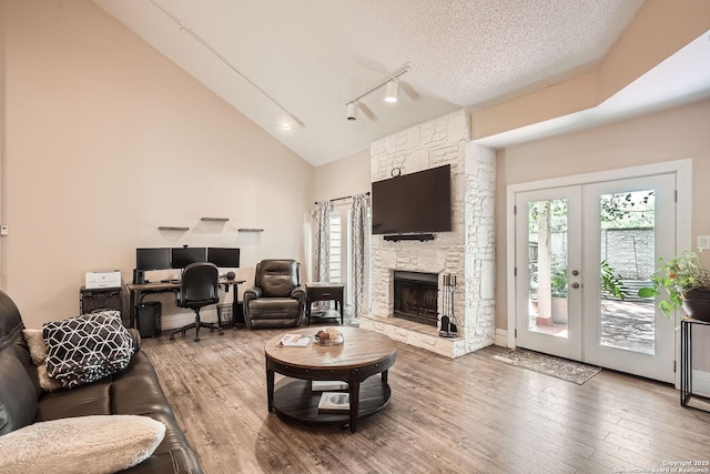 8517 Echo Crk, San Antonio, TX 78240 - living area featuring healthy amount of natural light, wood finished floors, a fireplace, high vaulted ceiling, and rail lighting