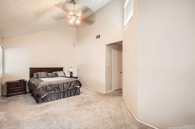 8517 Echo Crk, San Antonio, TX 78240 - bedroom featuring carpet, a textured ceiling, high vaulted ceiling, baseboards, and a ceiling fan