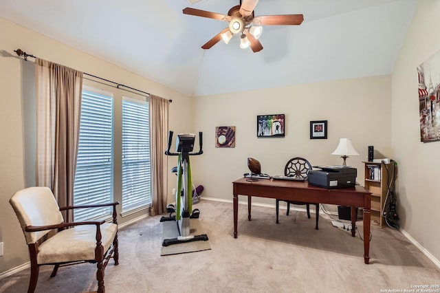 1730 Escada, San Antonio, TX 78258 - office with lofted ceiling, light colored carpet, a ceiling fan, and baseboards