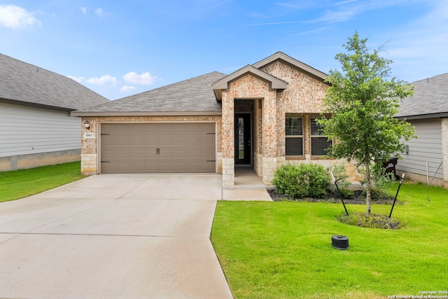 3065 Charyn Way, New Braunfels, TX 78132 - ranch-style home with a garage, driveway, a front lawn, and brick siding