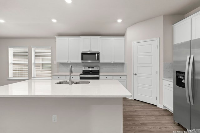 3065 Charyn Way, New Braunfels, TX 78132 - kitchen with appliances with stainless steel finishes, a sink, wood finished floors, decorative backsplash, and light countertops