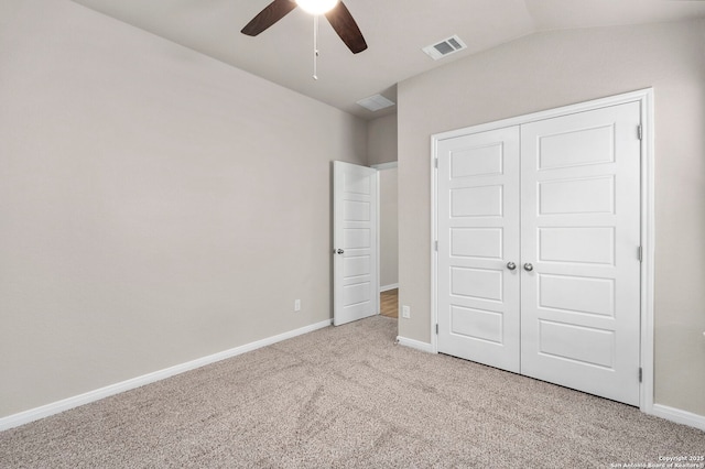 3065 Charyn Way, New Braunfels, TX 78132 - unfurnished bedroom featuring carpet floors, a closet, baseboards, vaulted ceiling, and ceiling fan