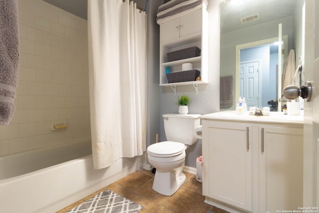 2547 Grayson, San Antonio, TX 78232 - full bathroom with toilet, vanity, tile patterned flooring, and shower / tub combo with curtain