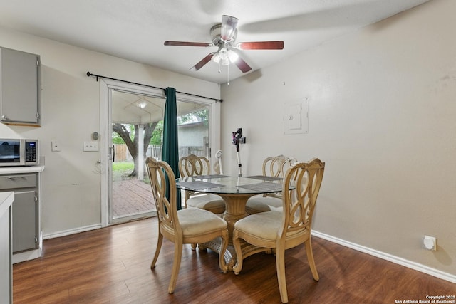 2435 Westgard, San Antonio, TX 78245 - dining area featuring baseboards, a ceiling fan, and dark wood-style floors