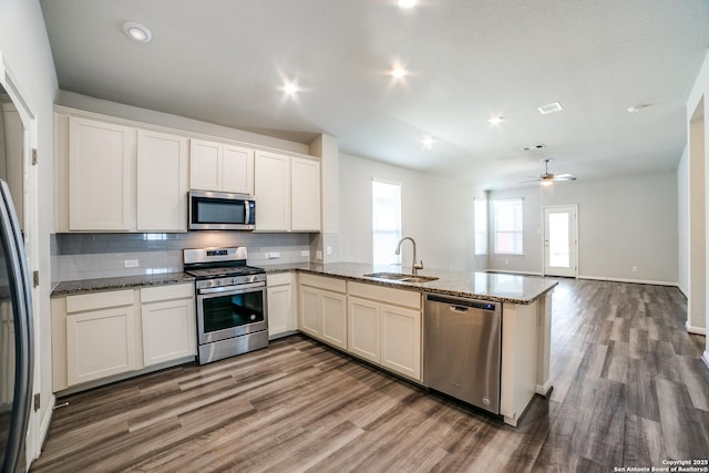 11741 Troubadour Trl, San Antonio, TX 78245 - kitchen with appliances with stainless steel finishes, a sink, a peninsula, wood finished floors, and tasteful backsplash