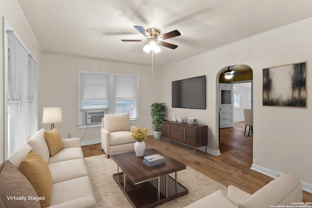 1001 Mason, San Antonio, TX 78208 - living room featuring ceiling fan, wood finished floors, cooling unit, and baseboards
