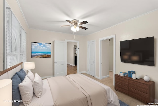 1001 Mason, San Antonio, TX 78208 - carpeted bedroom featuring ceiling fan, crown molding, and baseboards