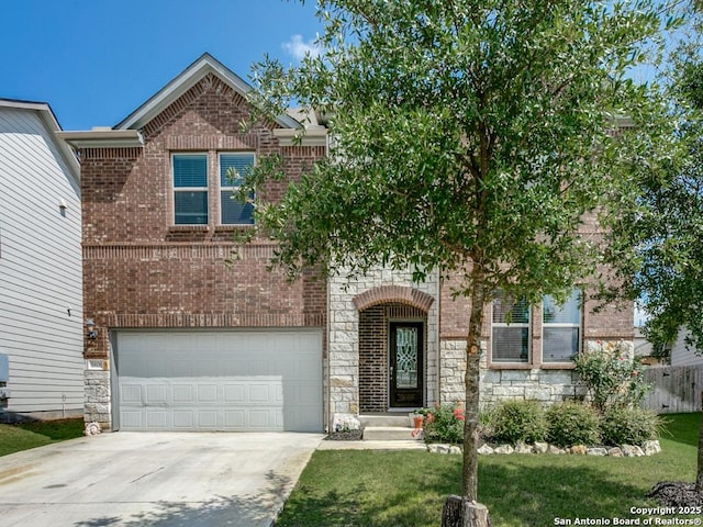 5806 Pin Pt, San Antonio, TX 78266 - view of front of house with concrete driveway, a garage, stone siding, and brick siding