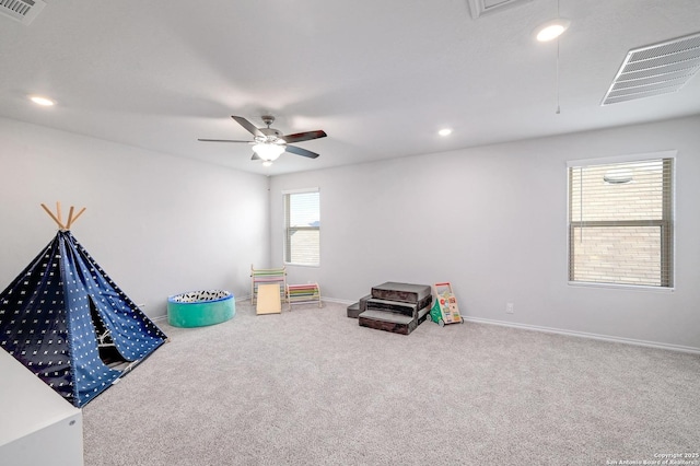 14468 Gecko Lndg, San Antonio, TX 78253 - rec room with carpet, attic access, a ceiling fan, recessed lighting, and baseboards