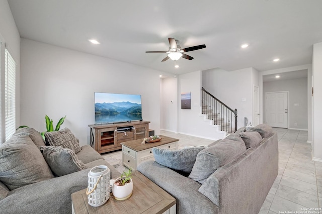 14468 Gecko Lndg, San Antonio, TX 78253 - living room featuring stairway, a ceiling fan, recessed lighting, and light marble finish floors