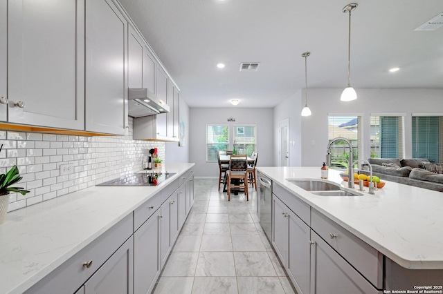 14468 Gecko Lndg, San Antonio, TX 78253 - kitchen featuring a sink, black electric stovetop, under cabinet range hood, stainless steel dishwasher, and decorative backsplash