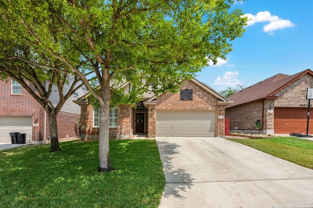 1210 Magellan, Windcrest, TX 78239 - view of front of home featuring brick siding, a front lawn, concrete driveway, and a garage