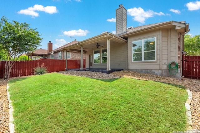1210 Magellan, Windcrest, TX 78239 - back of property featuring ceiling fan, a chimney, and a patio area