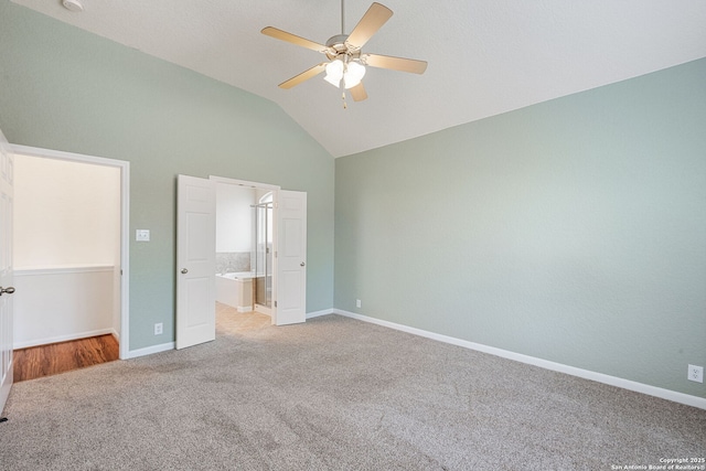 1210 Magellan, Windcrest, TX 78239 - unfurnished bedroom featuring light colored carpet, high vaulted ceiling, baseboards, and ensuite bathroom