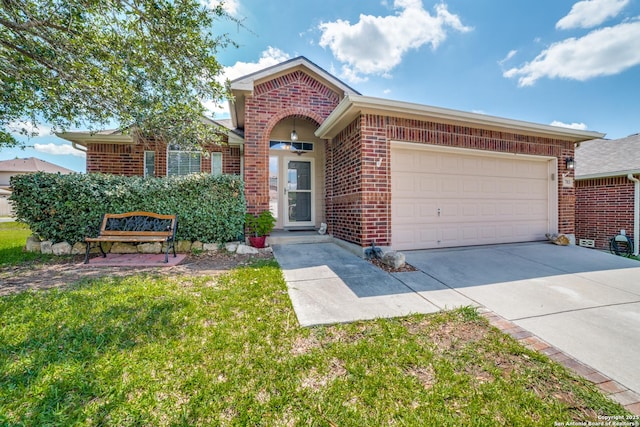 703 Point Spgs, San Antonio, TX 78253 - view of front of home with brick siding, a garage, concrete driveway, and a front lawn