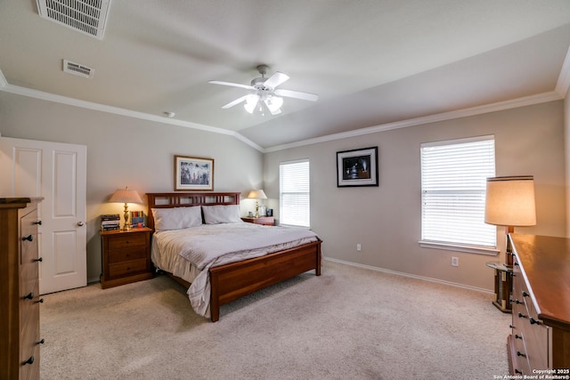 703 Point Spgs, San Antonio, TX 78253 - bedroom with ornamental molding, baseboards, light colored carpet, lofted ceiling, and ceiling fan