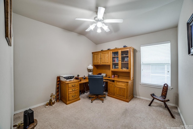 703 Point Spgs, San Antonio, TX 78253 - office featuring light carpet, a ceiling fan, baseboards, and vaulted ceiling