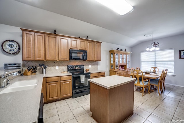 703 Point Spgs, San Antonio, TX 78253 - kitchen featuring black appliances, a sink, vaulted ceiling, decorative backsplash, and light tile patterned floors