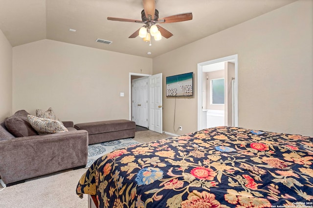 4222 Manitou Bay, San Antonio, TX 78259 - bedroom featuring light colored carpet, vaulted ceiling, and ceiling fan