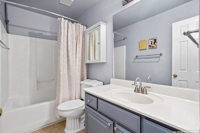 4222 Manitou Bay, San Antonio, TX 78259 - bathroom featuring shower / bathtub combination with curtain, vanity, toilet, and tile patterned flooring