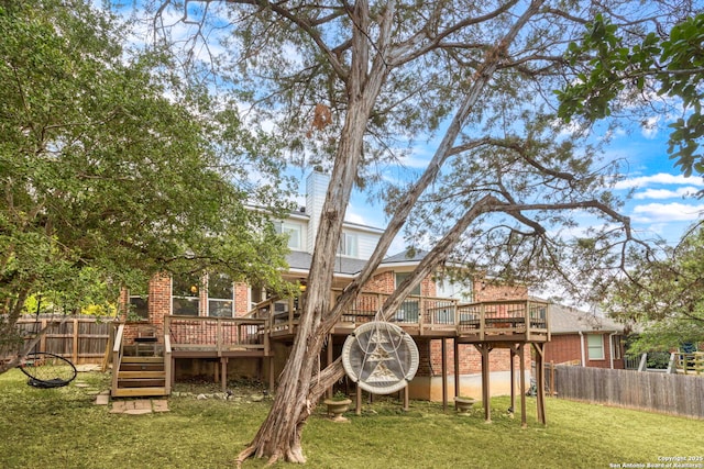 4222 Manitou Bay, San Antonio, TX 78259 - rear view of house featuring brick siding, a deck, stairway, and a shingled roof