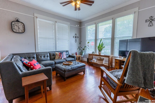 225 W Humphreys, Seguin, TX 78155 - living room with a ceiling fan, wood finished floors, and crown molding