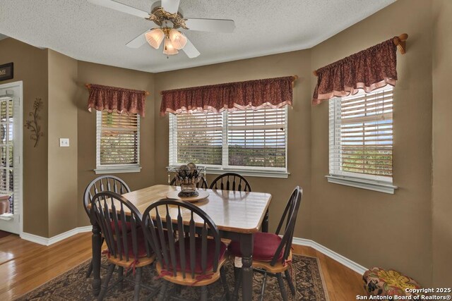 821 Lakeview, Canyon Lake, TX 78133 - dining space with baseboards, wood finished floors, ceiling fan, and a textured ceiling