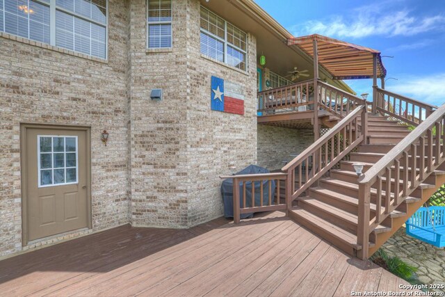 821 Lakeview, Canyon Lake, TX 78133 - deck featuring a ceiling fan and stairs