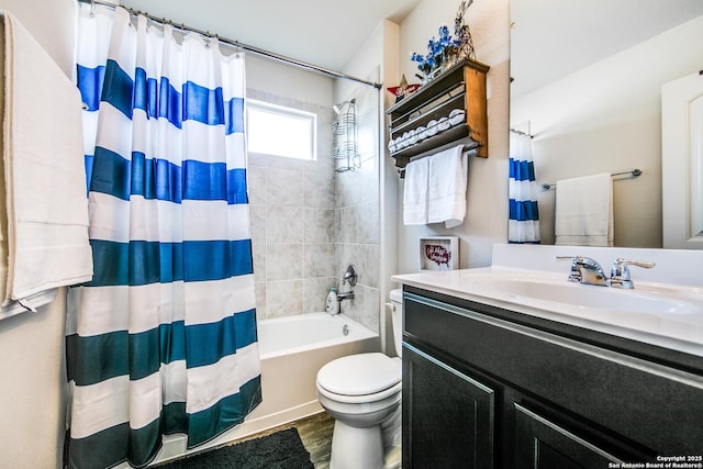 7610 Eclipse Mark, San Antonio, TX 78252 - bathroom featuring toilet, vanity, shower / tub combo with curtain, and wood finished floors
