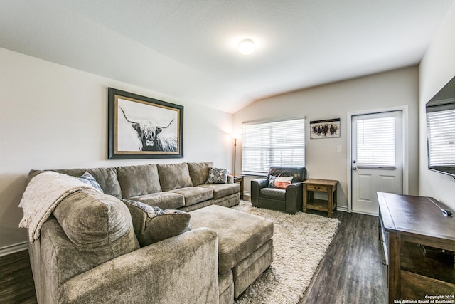 7610 Eclipse Mark, San Antonio, TX 78252 - living area with dark wood finished floors, vaulted ceiling, and baseboards