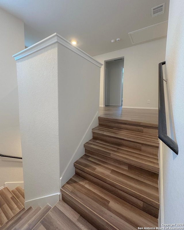 15302 Smoky Honeyeater, San Antonio, TX 78253 - stairway featuring attic access, wood finished floors, and baseboards