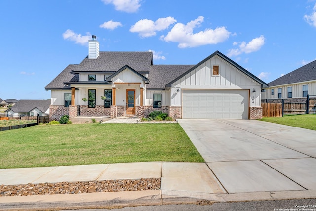104 Bayberry Ct, La Vernia, TX 78121 - modern farmhouse with roof with shingles, board and batten siding, an attached garage, driveway, and a chimney