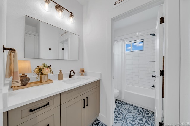 104 Bayberry Ct, La Vernia, TX 78121 - bathroom with vanity, toilet, shower / bath combination with curtain, and tile patterned flooring