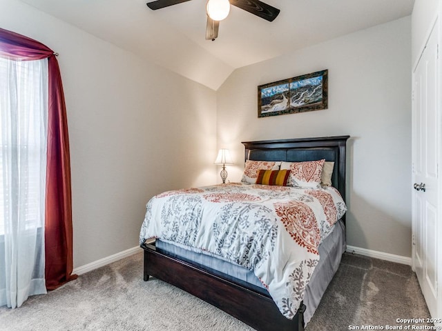 5344 Jasmine, Bulverde, TX 78163 - carpeted bedroom featuring baseboards, vaulted ceiling, and ceiling fan